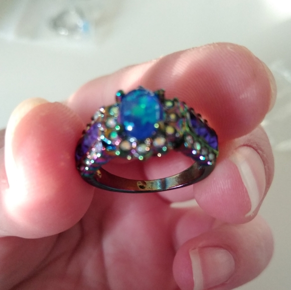 Metallic Rainbow Fire Opal Gemstone Cluster Ring 9 - Picture 7 of 14